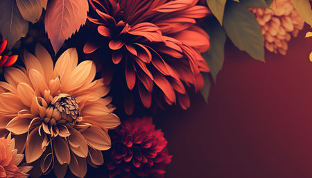 Beautiful floral horizontal banner with Dahlia flowers and copy space. AI generative image.の素材
