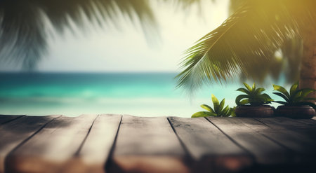 Close up wooden table on foreground and blurred tropical beach horizontal background with copy space. Outdoor nature backdrop. AI generative image.の素材