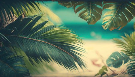 Beautiful summer time banner with tropical palm tree leaves and blurred ocean sandy coast, beach background. Banner with copy space on outdoor backdrop. AI generative image.の素材