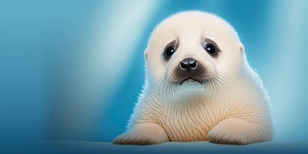 Adorable and cute white baby harp seal pup on abstract blue background. Horizontal banner with copy space for your text. AI generative image.の素材