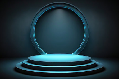 Neon blue sci-fi round product podium display, empty clean showcase with copy space. dark background. AI generative image.の素材