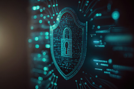 Cyber security digital shield for protecting data, abstract futuristic horizontal background. safety system illustration. AI generative image.の素材