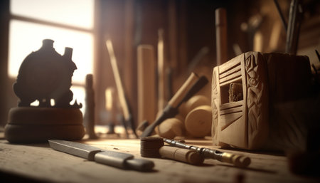 Abstract carpentry woodcraft studio, indoor woodworking workshop horizontal background with copy space. AI generative image.の素材
