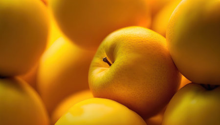 Horizontal banner with close up yellow ripe delicious apples. fresh fruit. Organic healthy food. AI generative image.の素材