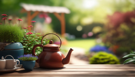 Illustration of cozy decorative garden with wooden table, teapot, flowers and green vegetation outdoor horizontal background banner with copy space. AI generative image.の素材