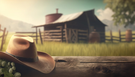 Rural horizontal background with close up cowboy hat. Rustic outdoor backdrop. AI generative image.の素材