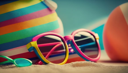 Summer time vacation sunny background concept with sunglasses. Horizontal banner with copy space. AI generative image.の素材