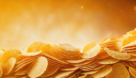 Horizontal banner with close up potato crispy chips and copy space. AI generative image.の素材