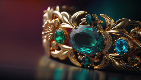 Beautiful abstract jewelery background with shiny green emerald gemstone. Horizontal background with copy space. AI generative image.の素材