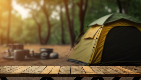 Camping background with blurred wild forest background and tent. outdoor nature background. AI generative image.の素材