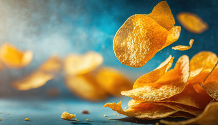 Horizontal banner with close up potato crispy chips and copy space. AI generative image.の素材