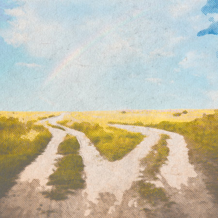 in the fields, retro background on old paper textureの写真素材