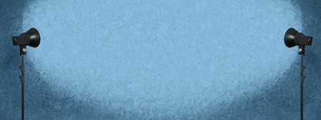 lighting studio equipment, color concrete background, blue plaster wall, banner sizeの写真素材