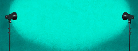 lighting studio equipment, color concrete background, blue plaster wall, banner sizeの写真素材