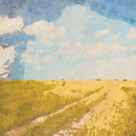 in the fields, retro background on old paper textureの写真素材