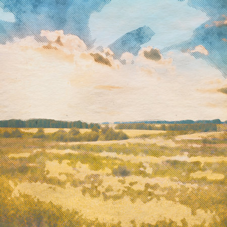 in the fields, retro background on old paper textureの写真素材
