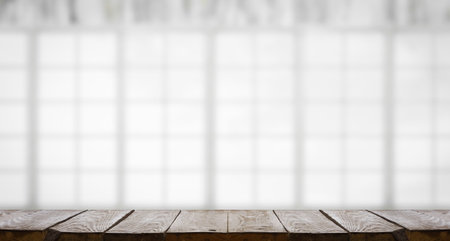 wooden table, blurred room, interior backgroundの写真素材