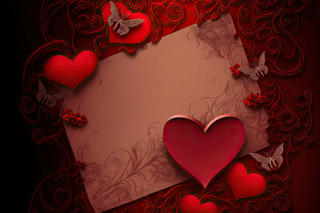 St. Valentine greeting card layout with flowers hearts and copy space. AI generated picture.の素材