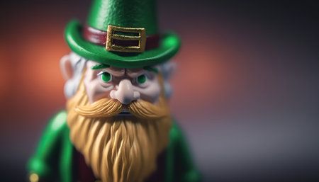 Close up plastic toy leprechaun in green clothes, st. Patrick's day illustration, selective focus. Holiday horizontal background with copy space. AI generative image.の素材
