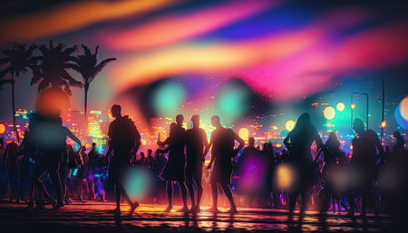 Night beach music party with blurred dancing people at the background. outdoor activities. AI generative image.の素材