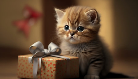 Adorable and cute little kitten with gift box and silk bow. Indoor background with cat. Festive horizontal greeting card. AI generative image.の素材