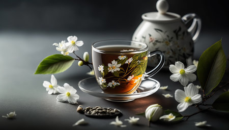 Herbal tea illustration. Still life on cozy indoor horizontal background. AI generative image.の素材