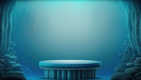 Abstract minimal podium product display, underwater scene, horizontal format. AI generative image.の素材