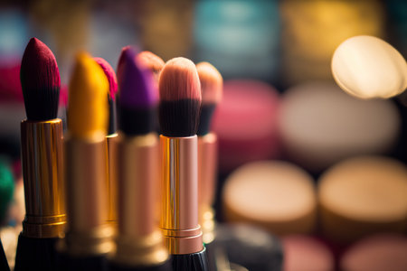 Brushes for decorative cosmetics, visage theme backdrop. AI generated image.の素材