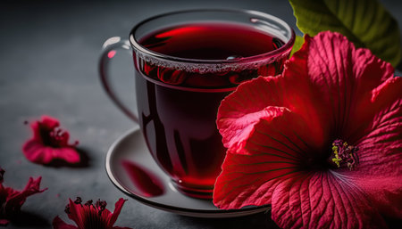 Close up red hibiscus tea beverage with flowers. AI generative image.の素材