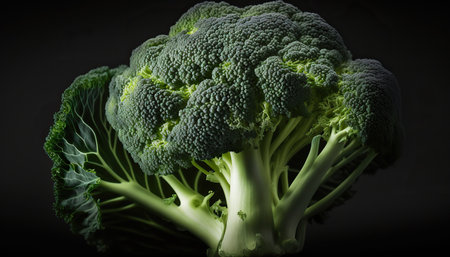 Close up fresh tasty green broccoli. Healthy vegetable food. AI generative image.の素材