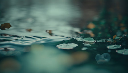 Abstract beautiful close up spring pond water. Splash screen or nature outdoor horizontal background with copy space. AI generative image.の素材