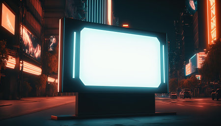 Empty clean ad horizontal glowing billboard on neon night cyberpunk city background mockup. copyspace. AI generative image.の素材