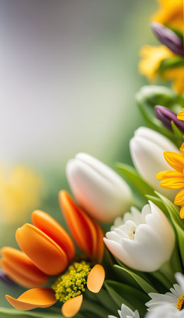 Springtime different flowers border frame with copy space in the middle. beautiful floral background. AI generative image.の素材