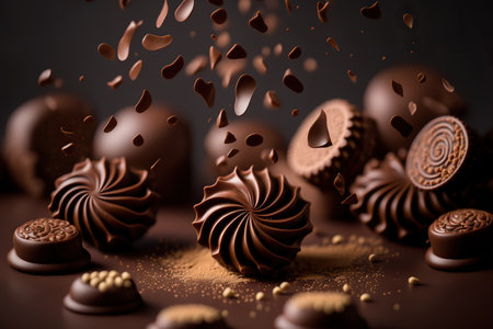 Different close up delicious chocolate candies. sweets. AI generative picture.の素材