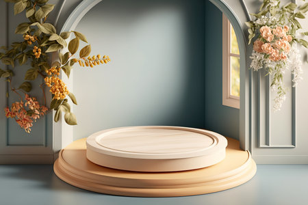 Minimal cylinder product display podium with plants. Eco style showcase. soft colors. Abstract modern interior with copy space. AI generative art.の素材