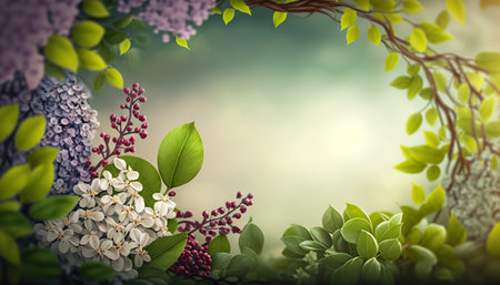 Springtime different flowers border frame with copy space in the middle. beautiful floral background. AI generative image.の素材