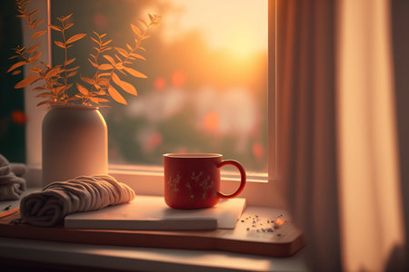 Cozy morning illustration with cup of hot drink and bright warm sun light. Indoor background with copy space. AI generative image.の素材