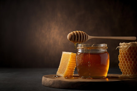 Close up jar of fresh delicious liquid honey with wooden dipper. Indoor background with copy space. AI generative image.の素材