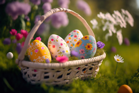 Basket with painted Easter eggs, floral nature background. selective focus. AI generated image.の素材