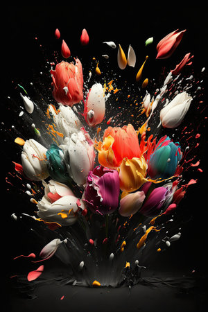 Beautiful abstract tulip flowers bouquet exploding on black background. Mobile floral splash screen vertical template. AI generative image.の素材