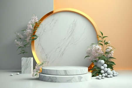 Modern minimal cylindrical podium with beautiful plants and place for product display. Soft pastel colors. Empty showcase layout. AI generated picture.の素材