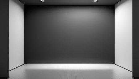 Modern empty professional photo studio interior with photography equipment. Horizontal indoor background with copy space. AI generative image.の素材