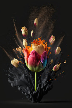 Beautiful abstract tulip flower exploding of vibrant luminescent bright colors on black backdrop. Mobile splash screen template. artistic background. AI generative image.の素材