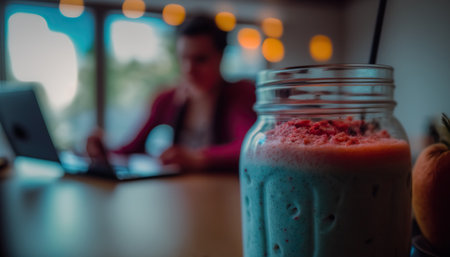 Clothe up tasty fresh smoothie on blurred cafe interior horizontal background. Healthy delicious beverage. organic food. AI generative image.の素材