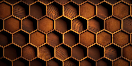 Hexagonal wooden tiles pattern, honeycomb shaped background made of timber. horizontal format. AI generative image.の素材
