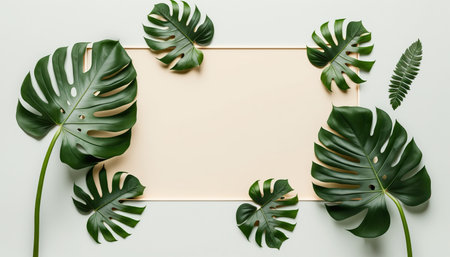 Top view background with border made of monstera leaves. Modern natural flat lay background with copy space. horizontal frame. AI generative image.の素材