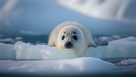 Cute little harp seal pup on ice near by water. marine mammal animal. Wild nature protection horizontal background. AI generative image.の素材