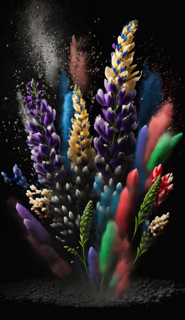 Abstract fantastic lupine flowers bouquet with bright color powder explosion on black background. Floral beautiful vertical poster. AI generative art.の素材
