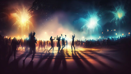 Night beach music party with blurred dancing people at the background. outdoor activities. AI generative image.の素材