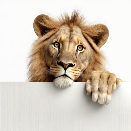 Beautiful and funny young wild lion with paws over empty blank sign with copy space. AI generative illustration.の素材